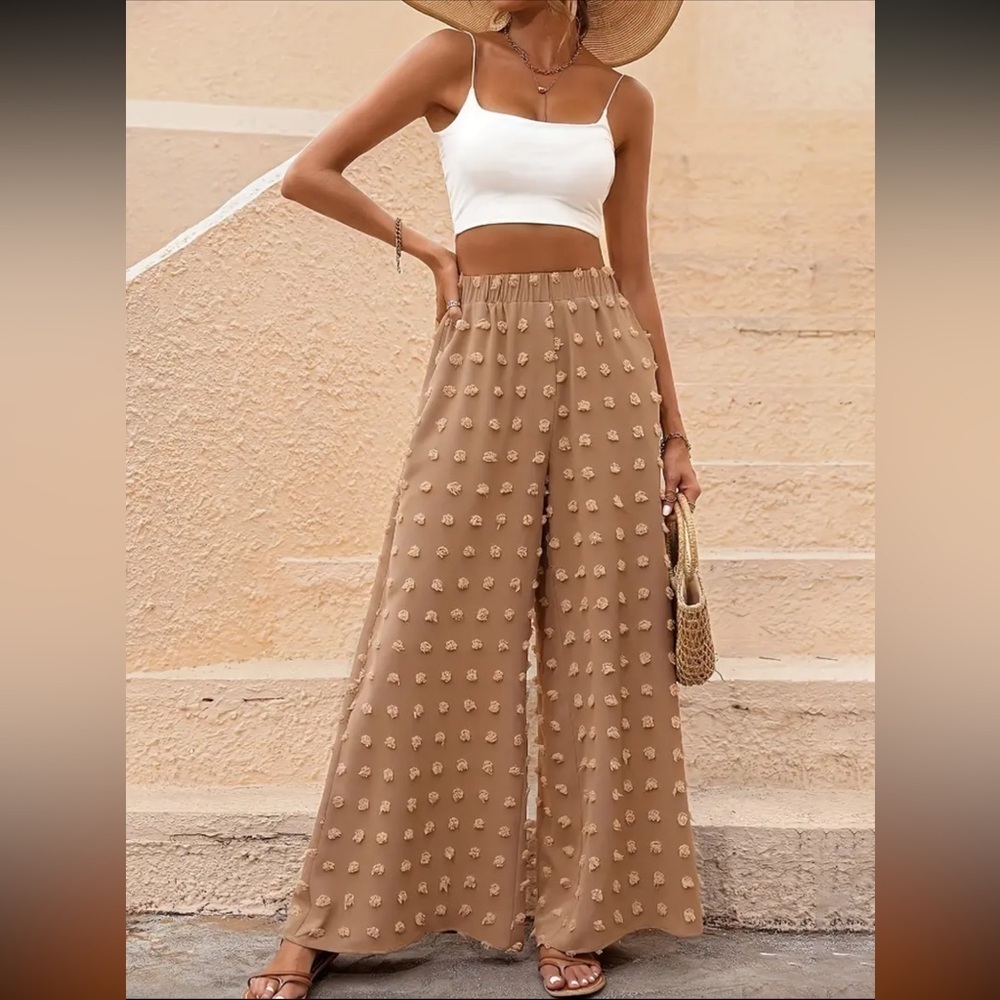 NIB Caramel Polka Dots High Waist Pants Wide Leg Solid Soft Comfortable Small - Picture 1 of 8